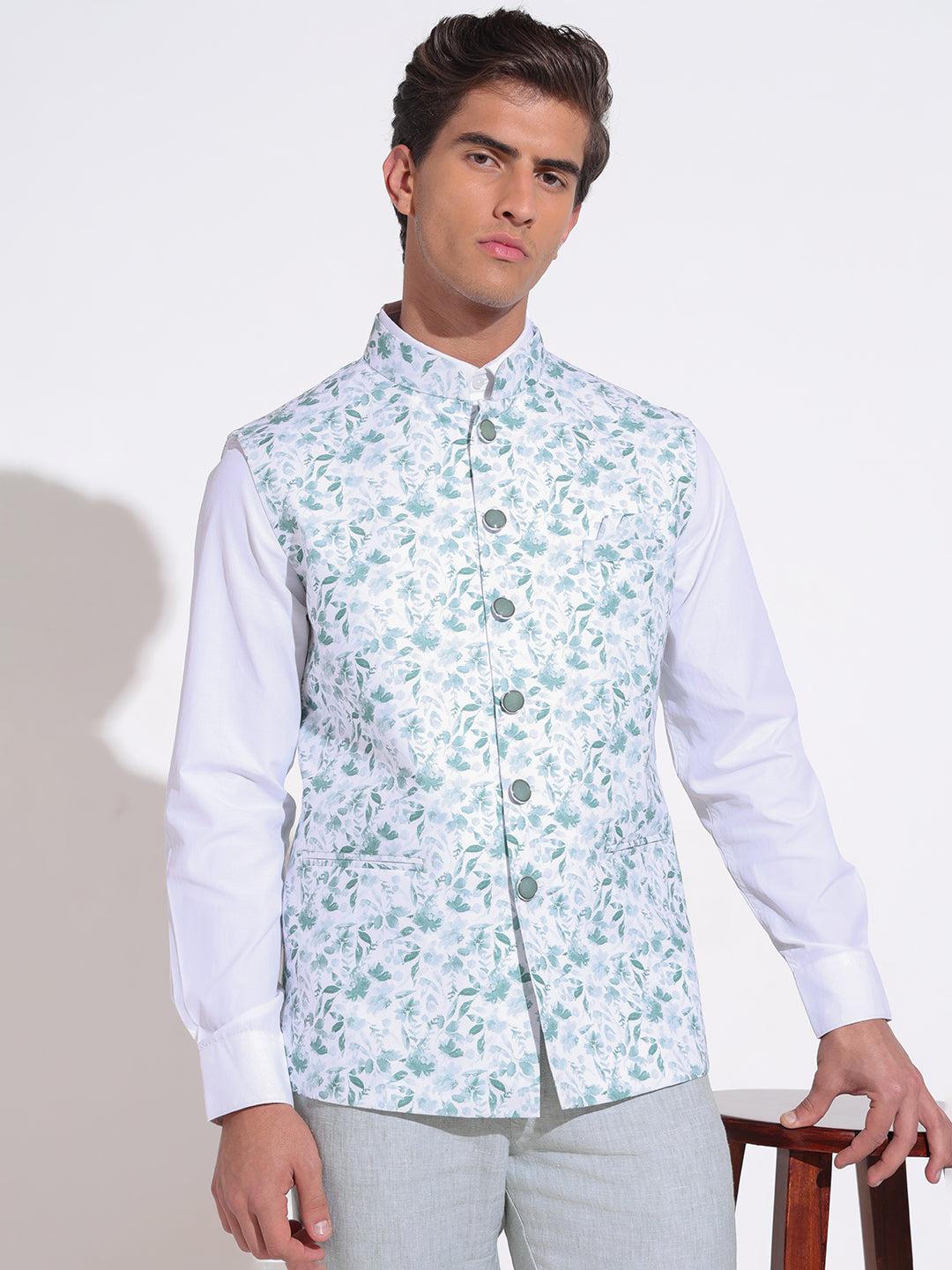 Men's Floral Printed Green Nehru Jacket