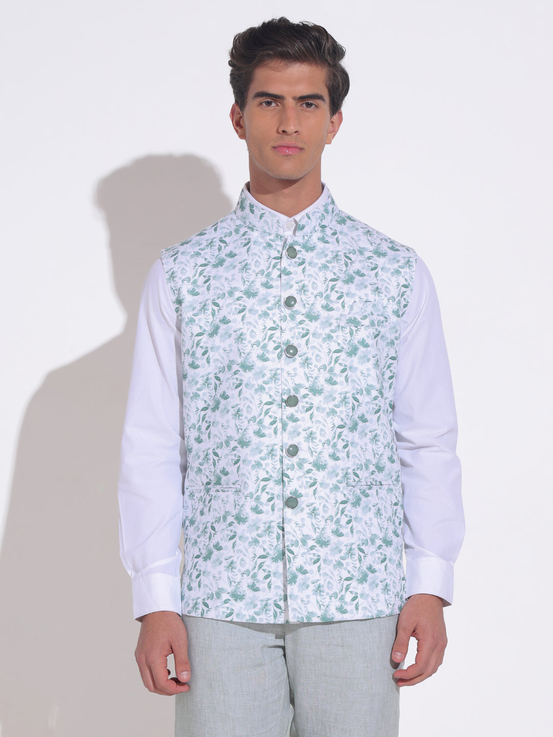 Men's Floral Printed Green Nehru Jacket