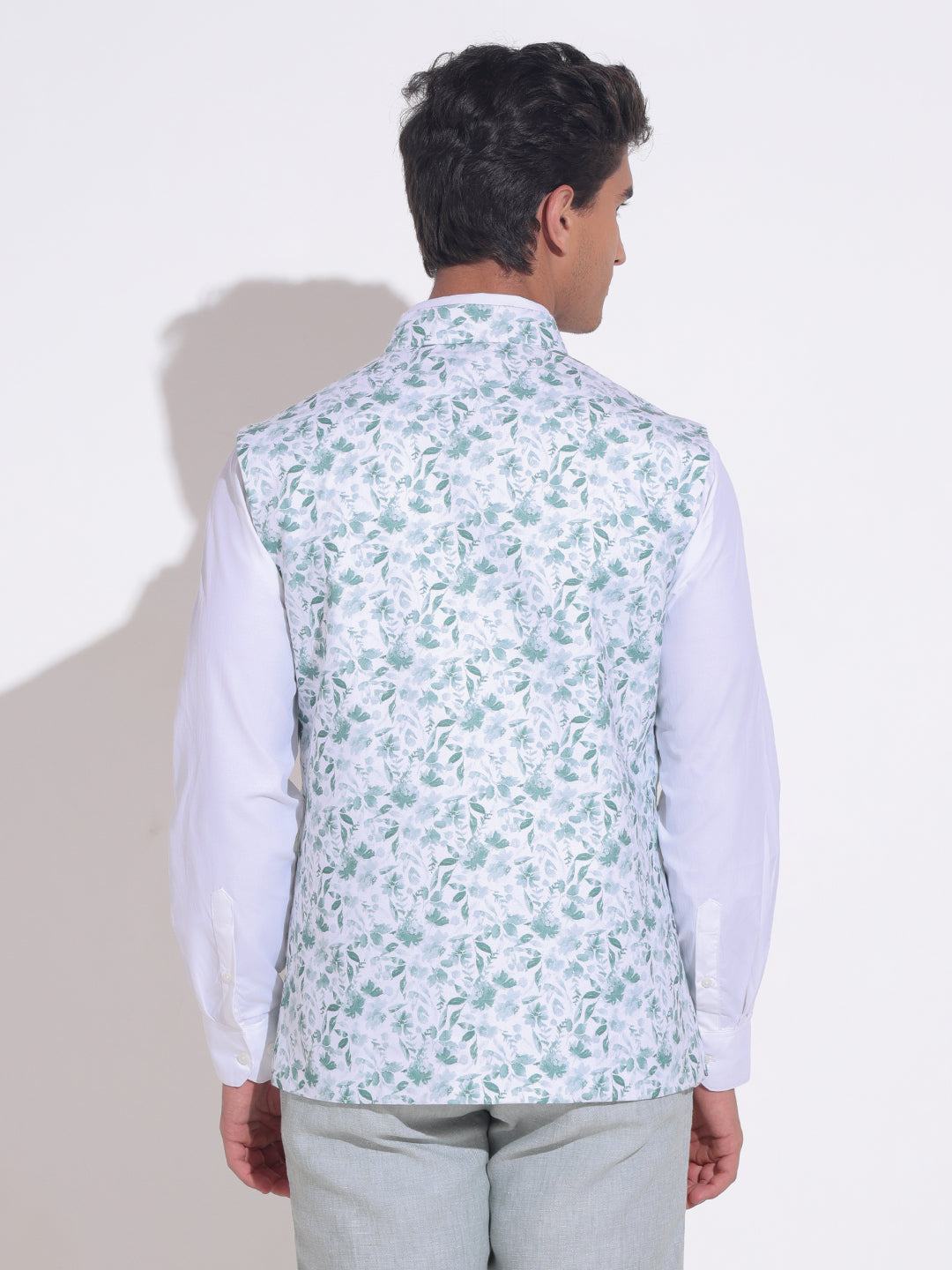 Men's Floral Printed Green Nehru Jacket