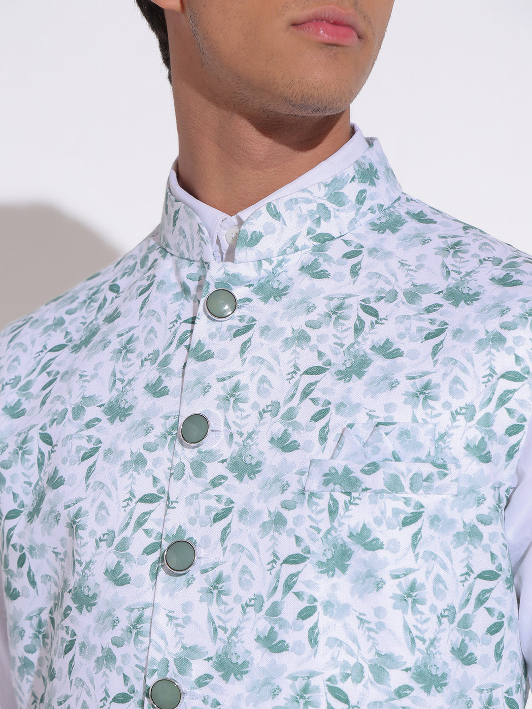 Men's Floral Printed Green Nehru Jacket