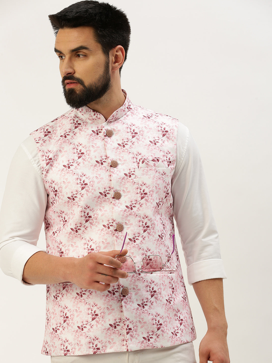 Men's Mandarin Collar Solid Pink Nehru Jacket