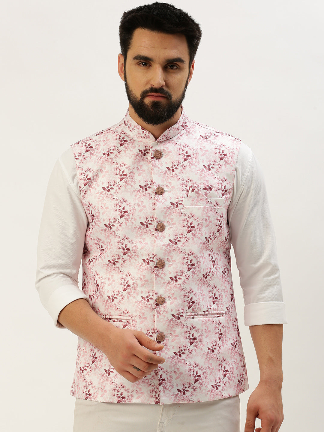 Men's Mandarin Collar Solid Pink Nehru Jacket