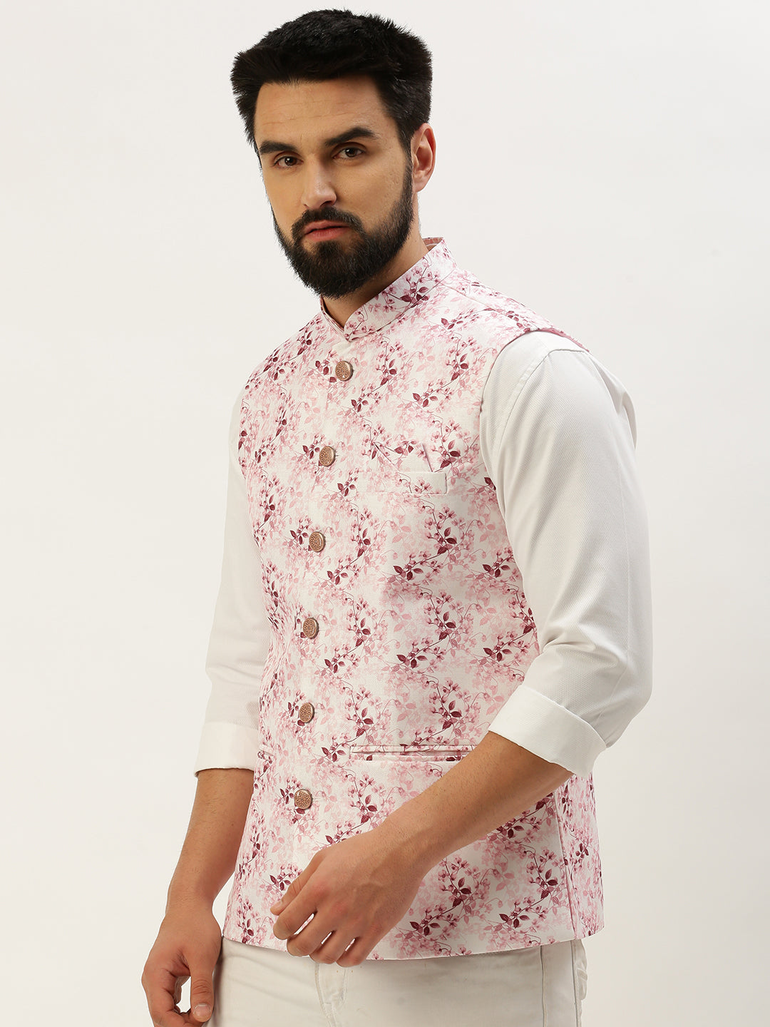 Men's Mandarin Collar Solid Pink Nehru Jacket