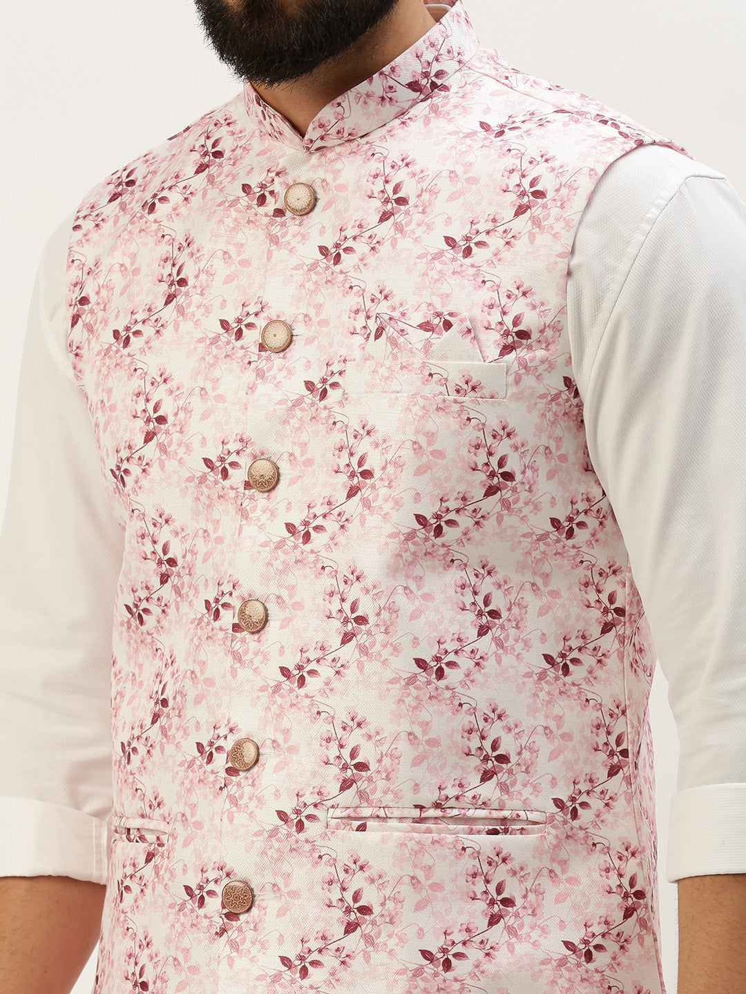 Men's Mandarin Collar Solid Pink Nehru Jacket
