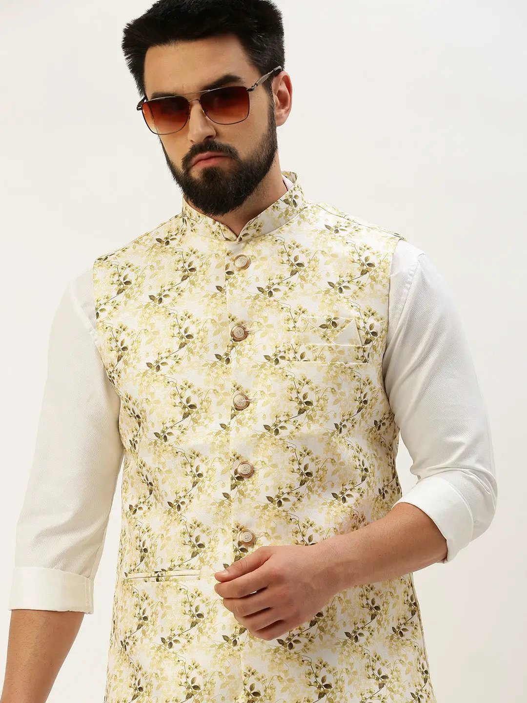 Men's Mandarin Collar Printed White Nehru Jacket