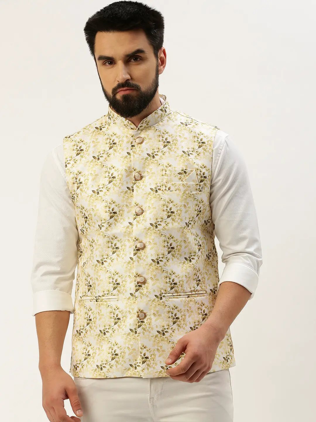Men's Mandarin Collar Printed White Nehru Jacket