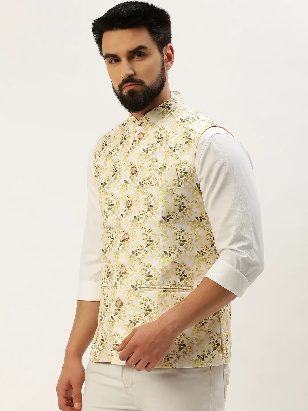 Men's Mandarin Collar Printed White Nehru Jacket