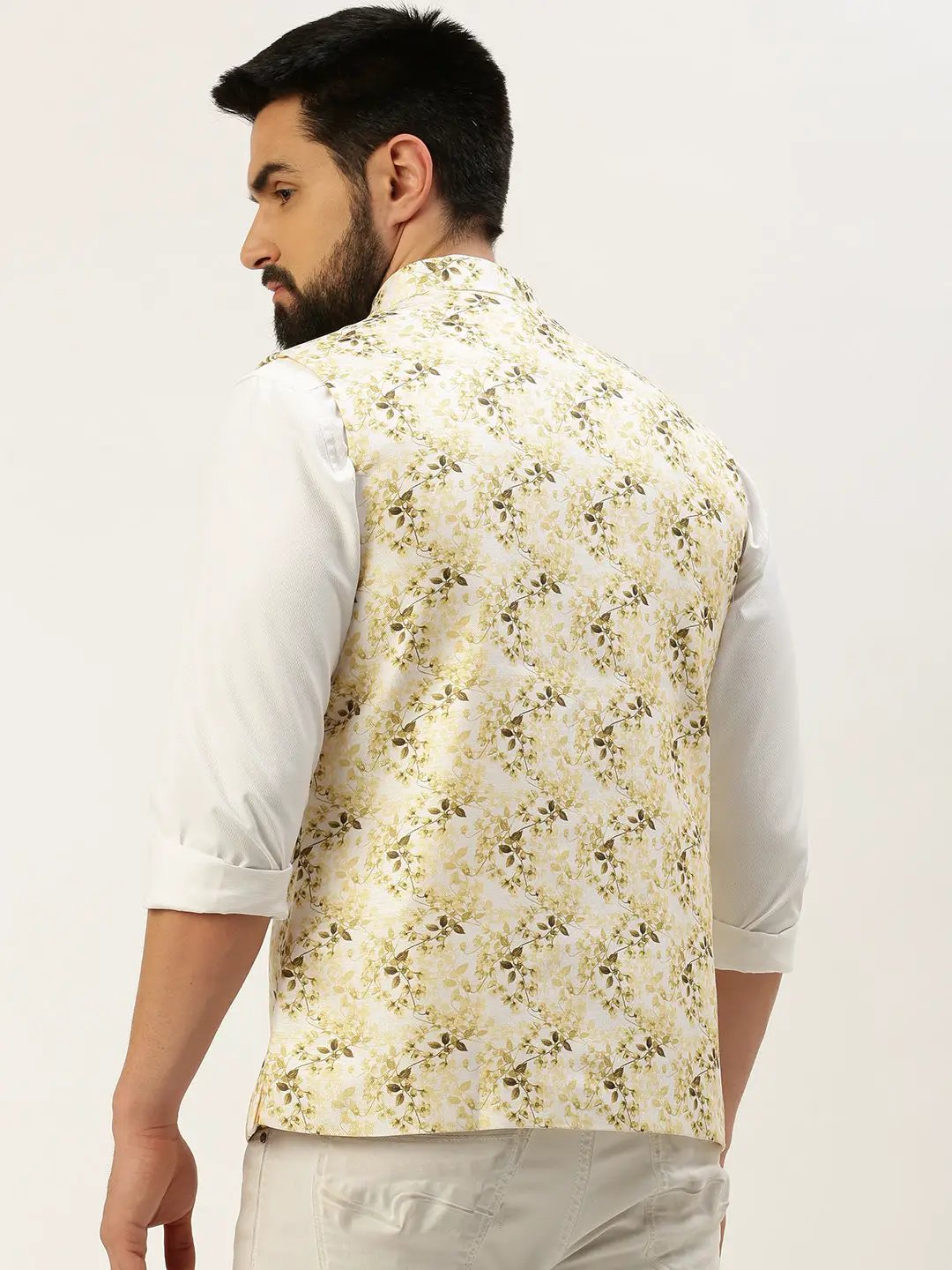 Men's Mandarin Collar Printed White Nehru Jacket