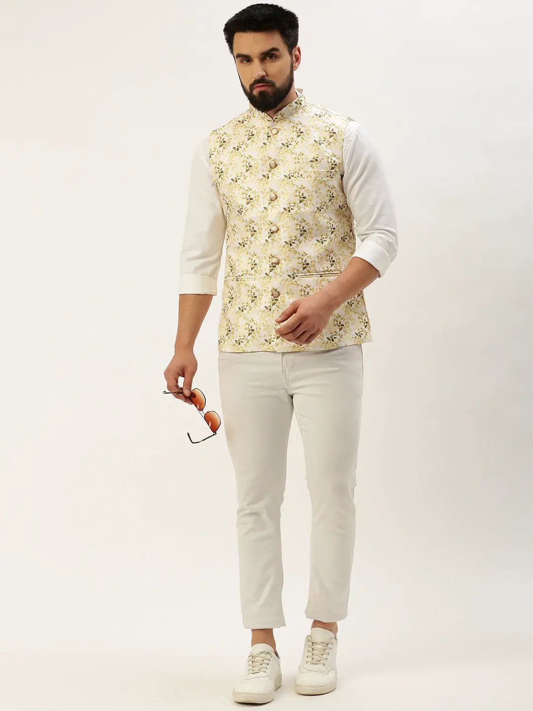 Men's Mandarin Collar Printed White Nehru Jacket