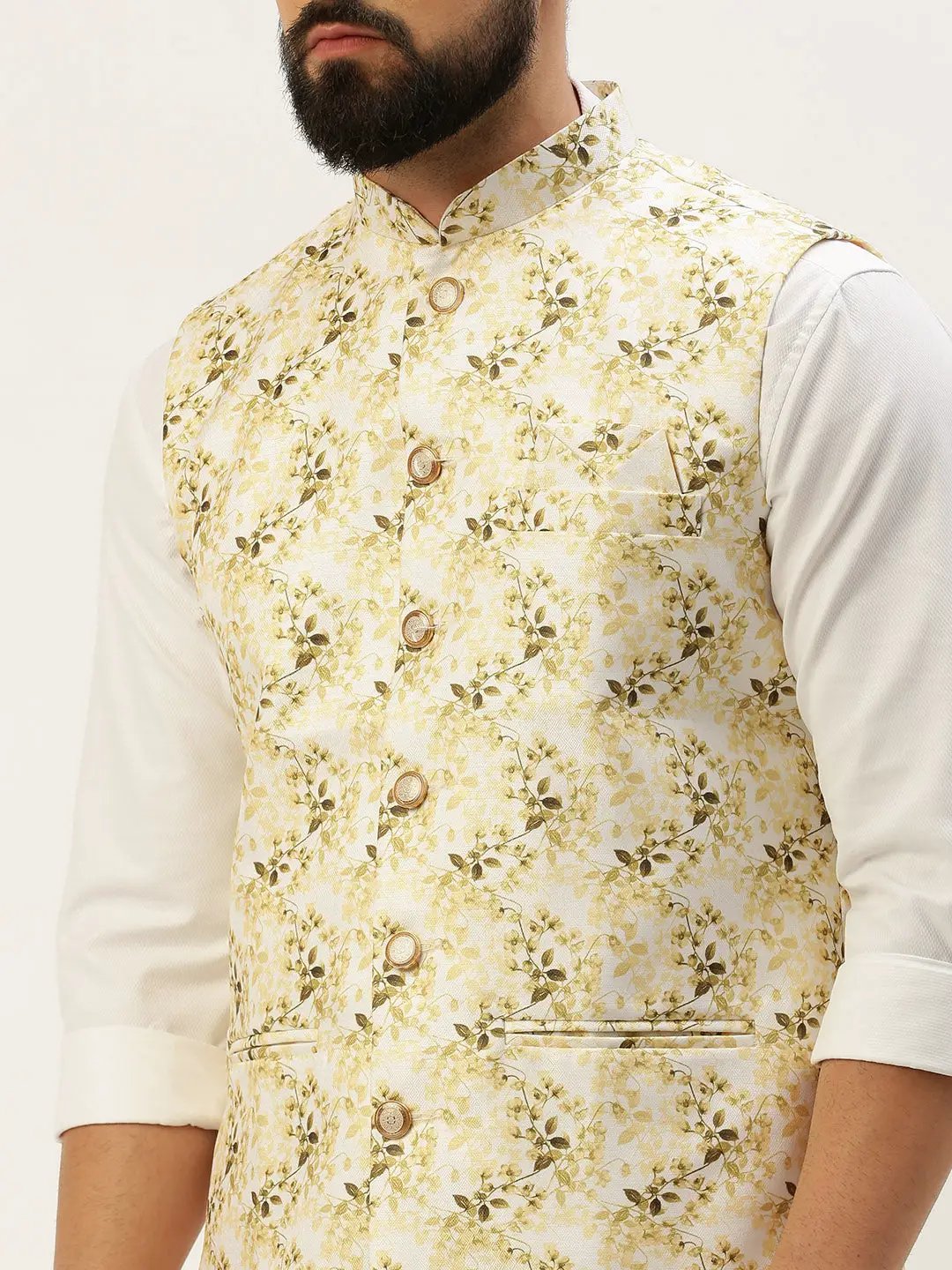 Men's Mandarin Collar Printed White Nehru Jacket