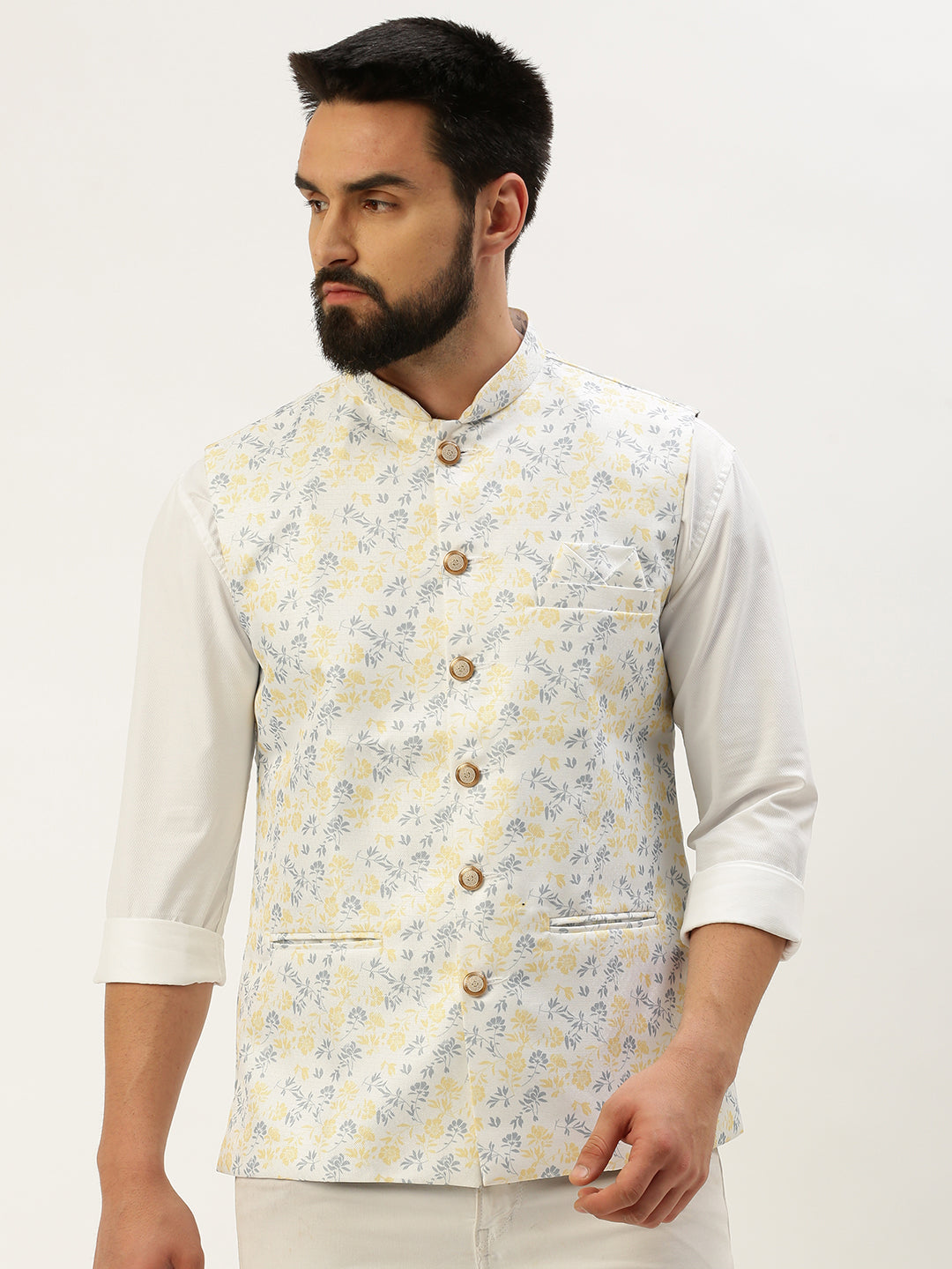 Men's Mandarin Collar Printed White Nehru Jacket