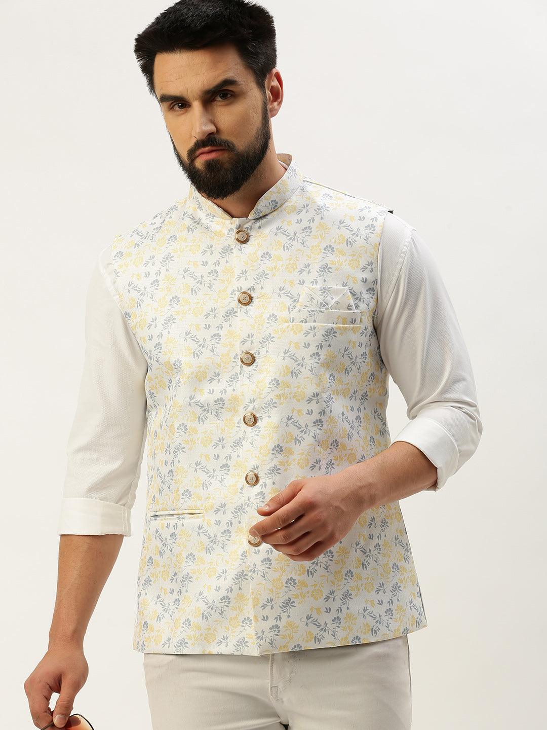 Men's Mandarin Collar Printed White Nehru Jacket