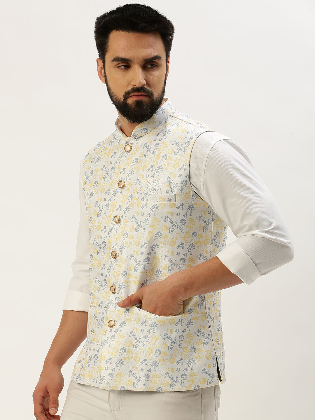 Men's Mandarin Collar Printed White Nehru Jacket