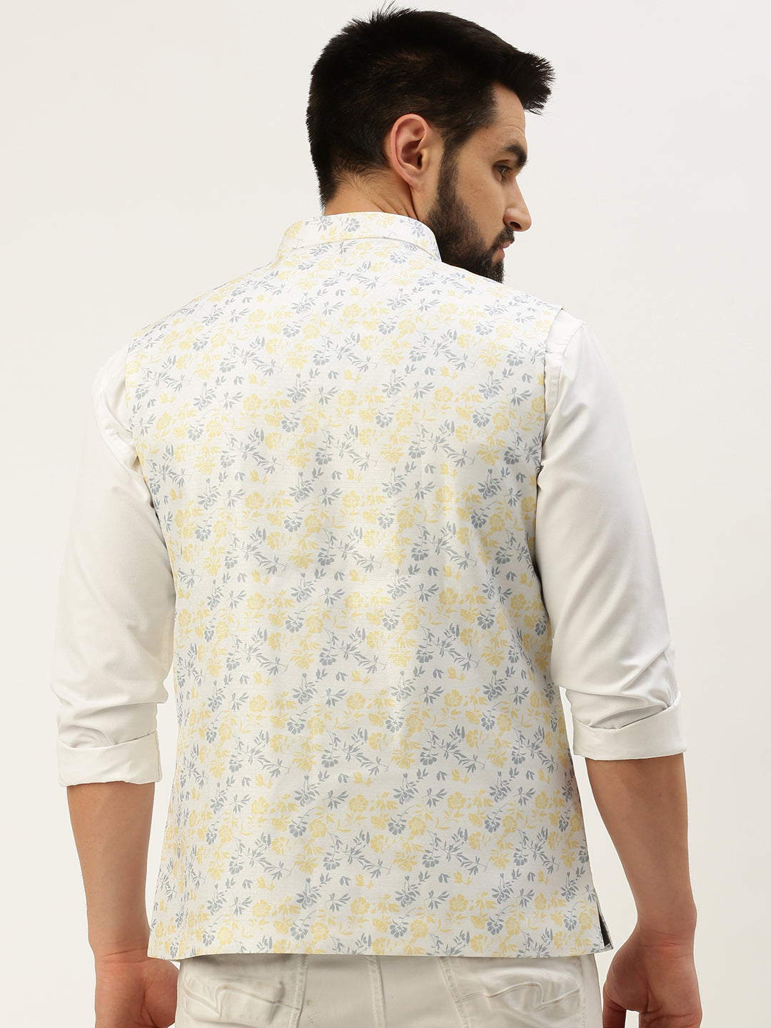 Men's Mandarin Collar Printed White Nehru Jacket