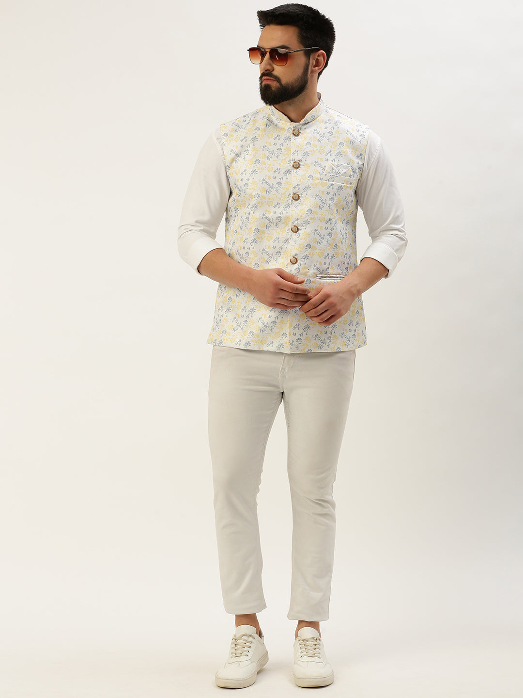 Men's Mandarin Collar Printed White Nehru Jacket
