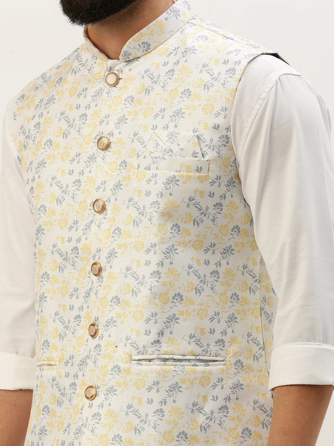 Men's Mandarin Collar Printed White Nehru Jacket