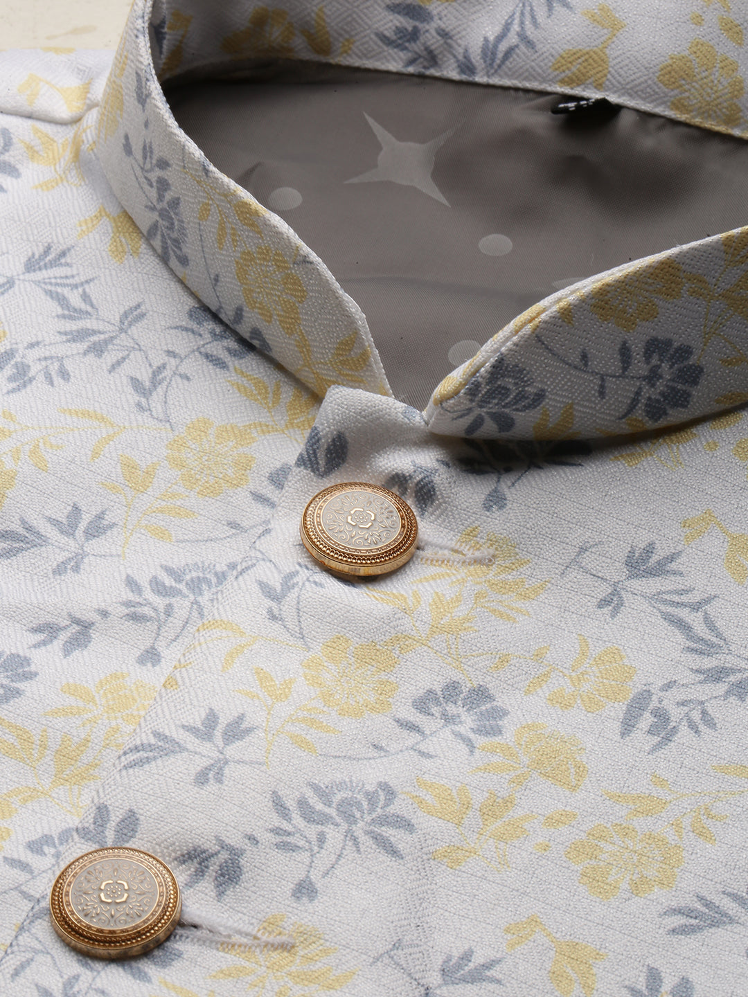 Men's Mandarin Collar Printed White Nehru Jacket