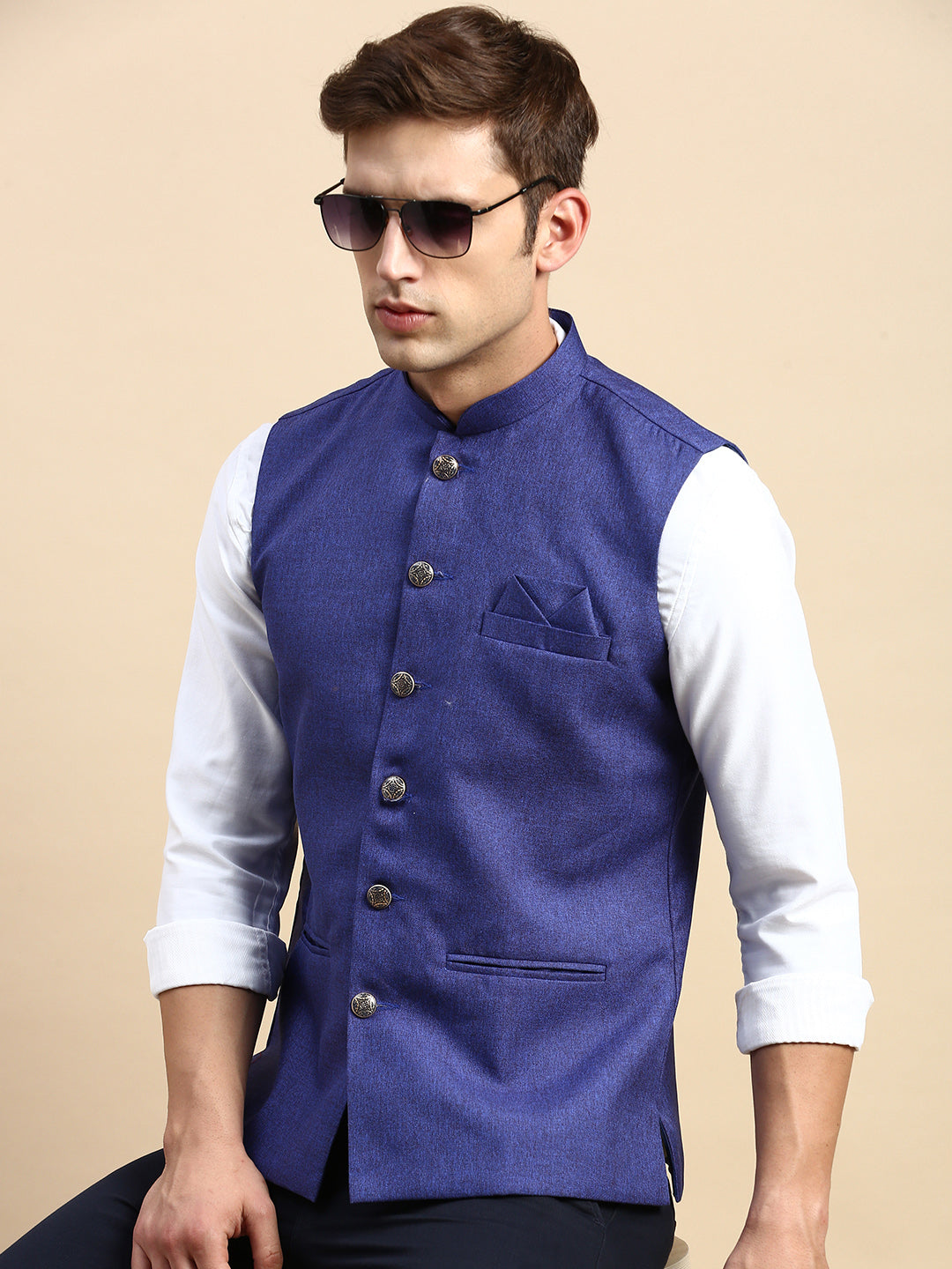 Men Mandarin Collar Solid Blue Nehru Jacket