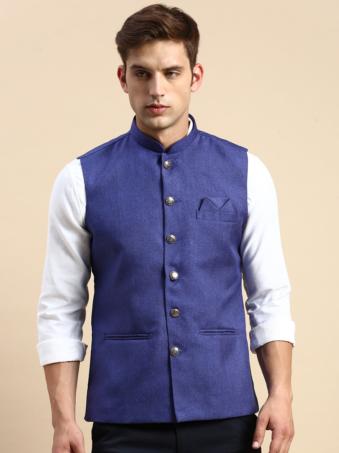 Men Mandarin Collar Solid Blue Nehru Jacket