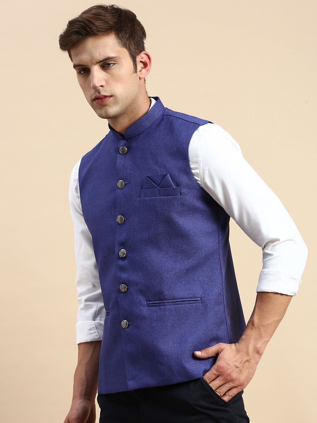 Men Mandarin Collar Solid Blue Nehru Jacket