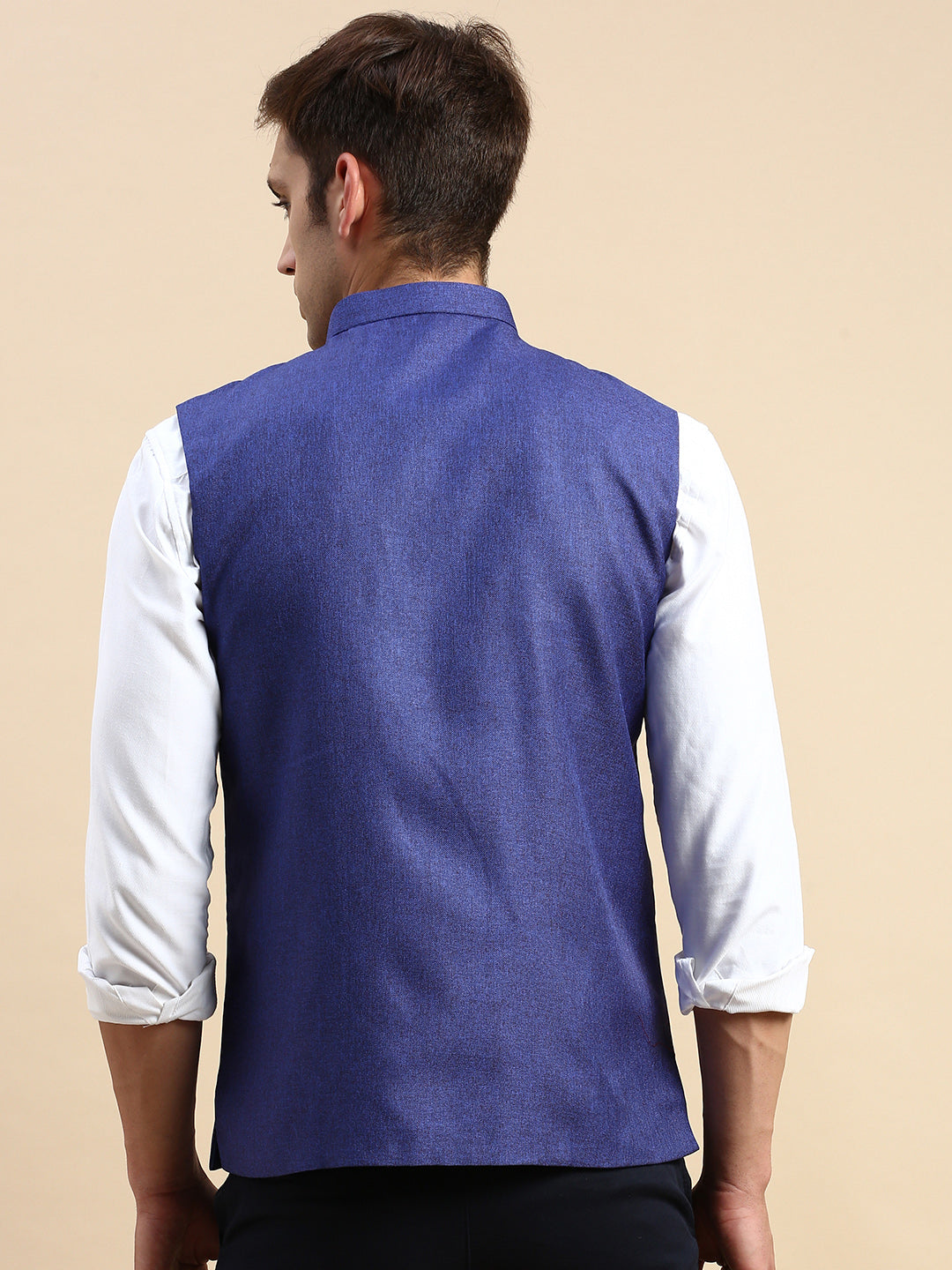 Men Mandarin Collar Solid Blue Nehru Jacket