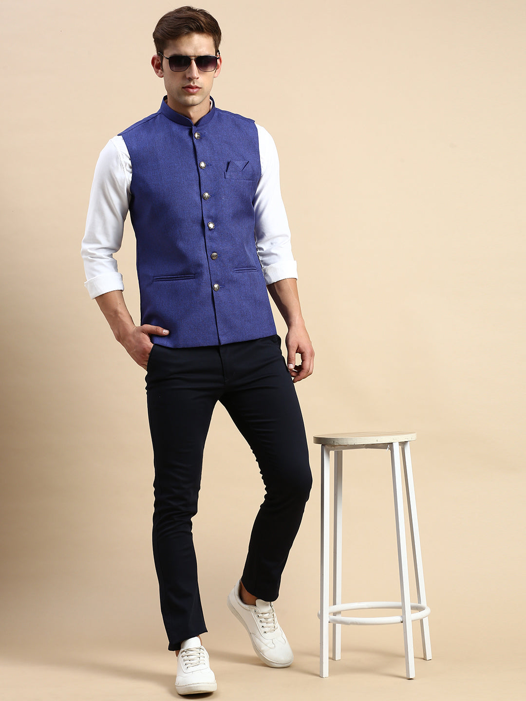 Men Mandarin Collar Solid Blue Nehru Jacket