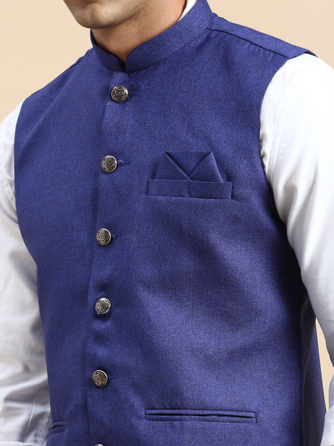 Men Mandarin Collar Solid Blue Nehru Jacket