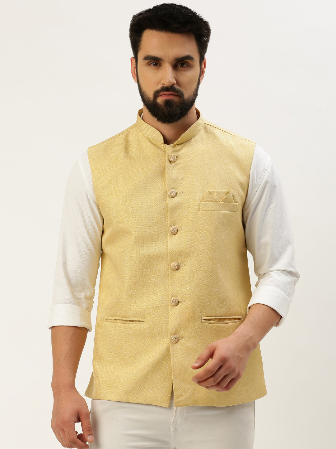 Men Mandarin Collar Solid Yellow Nehru Jacket