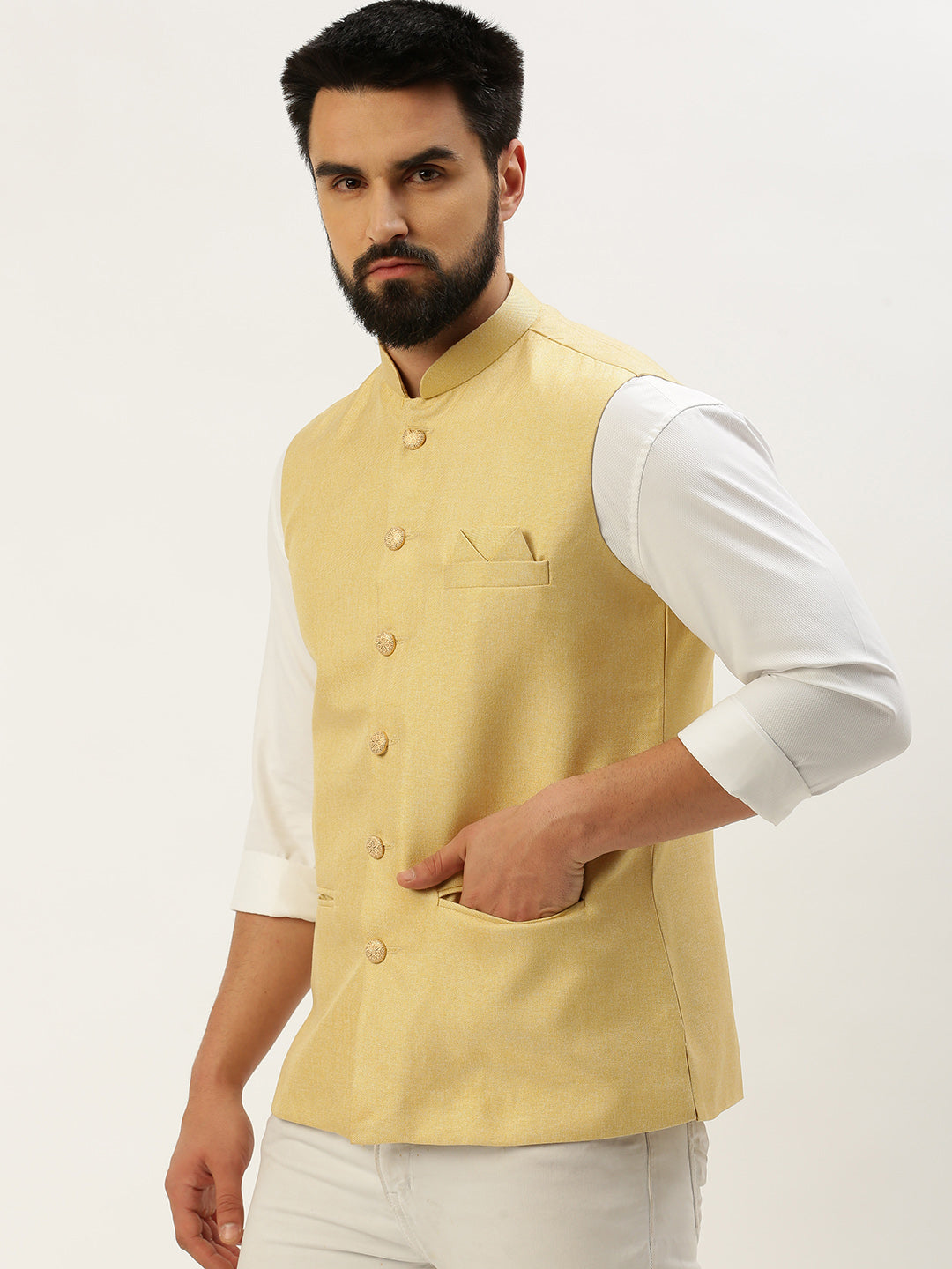 Men Mandarin Collar Solid Yellow Nehru Jacket