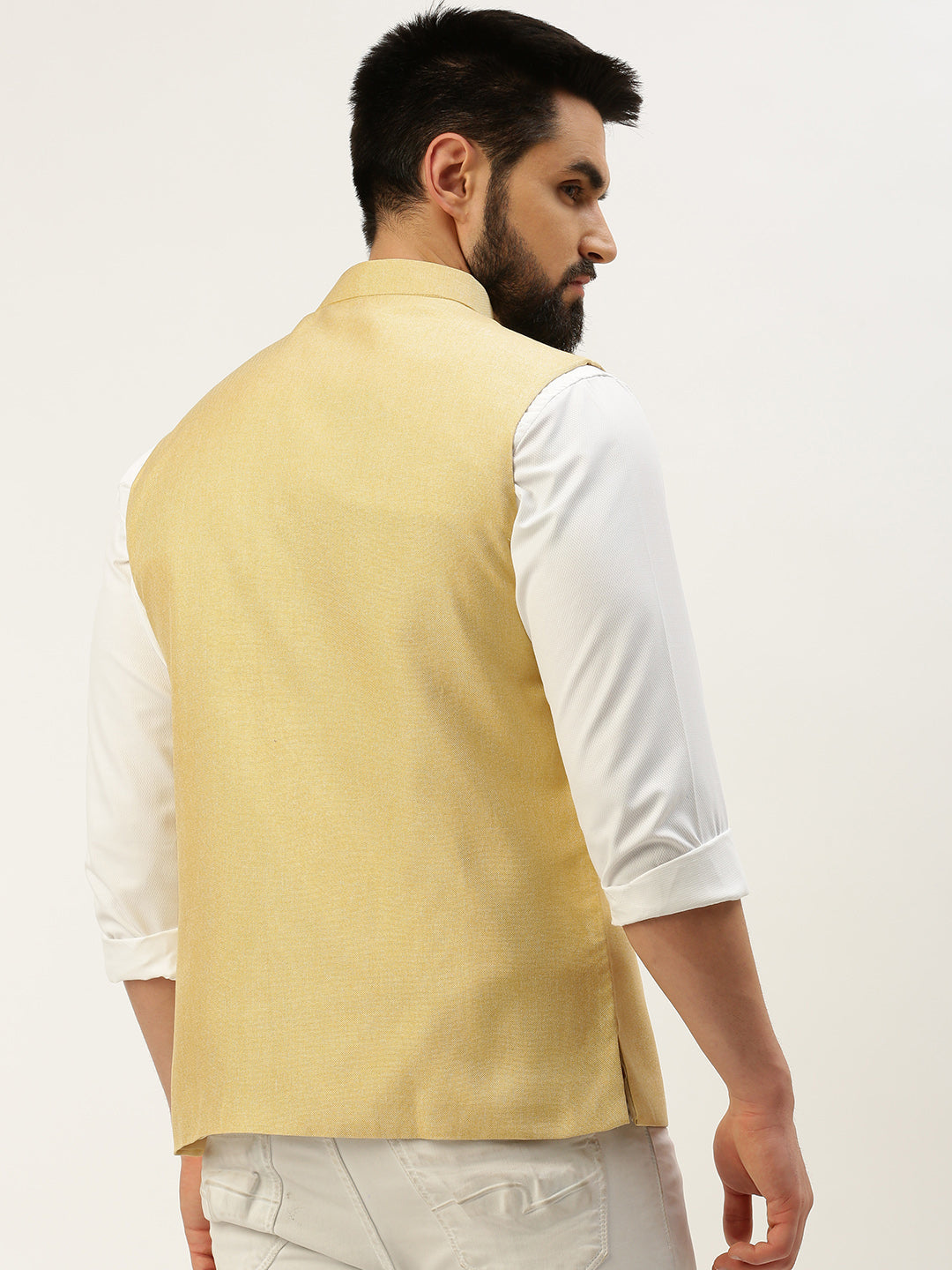 Men Mandarin Collar Solid Yellow Nehru Jacket