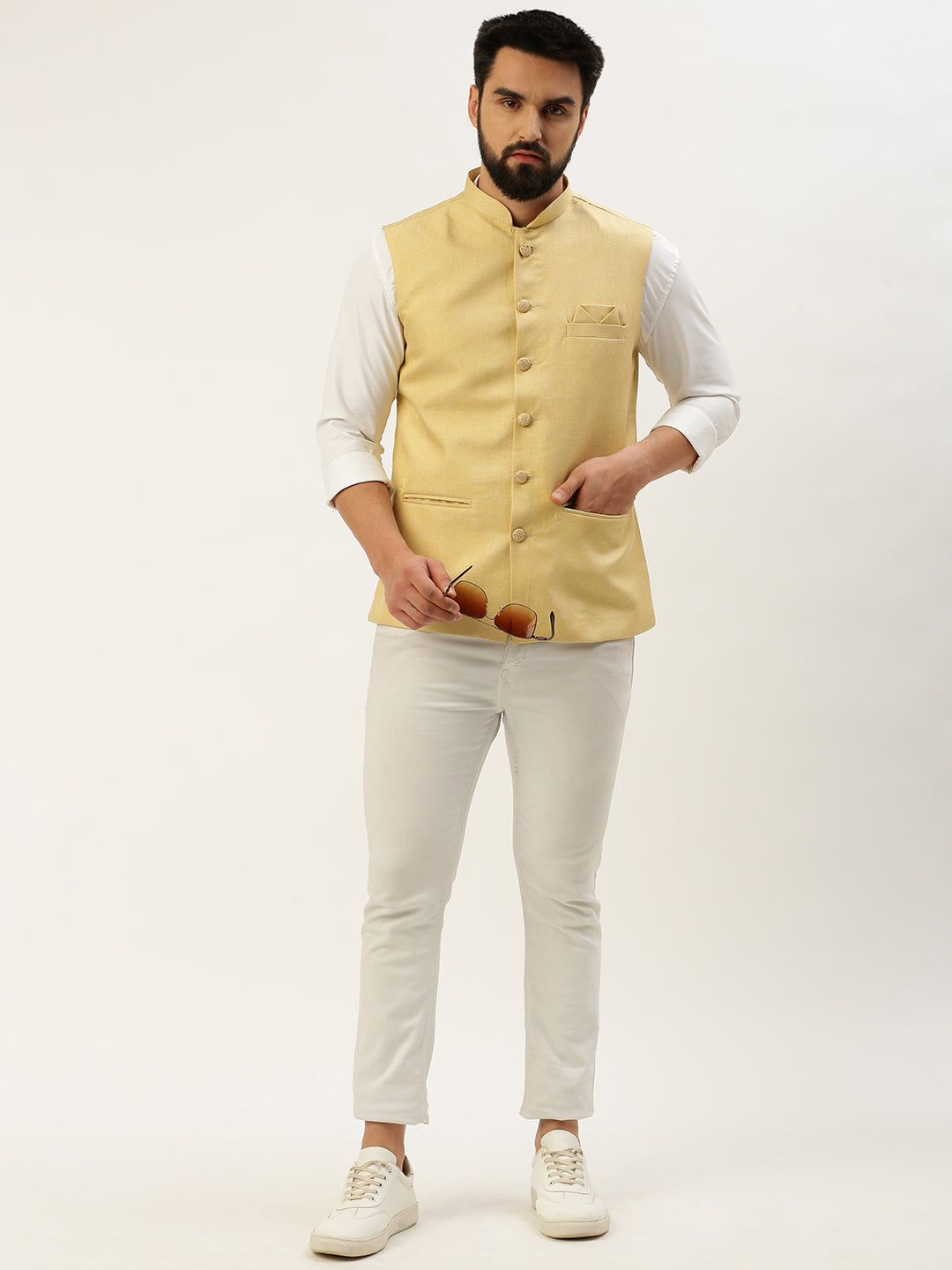 Men Mandarin Collar Solid Yellow Nehru Jacket