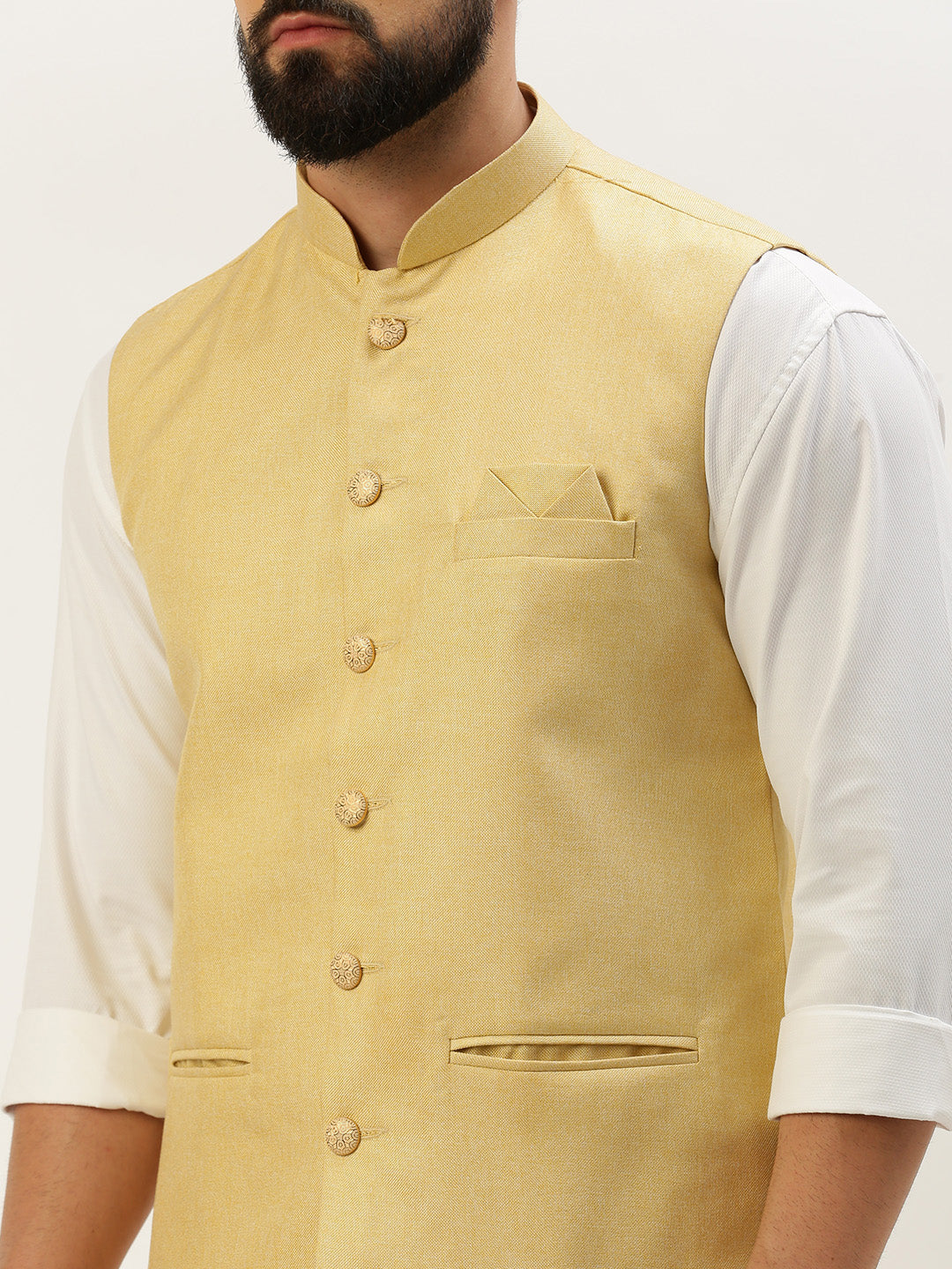 Men Mandarin Collar Solid Yellow Nehru Jacket