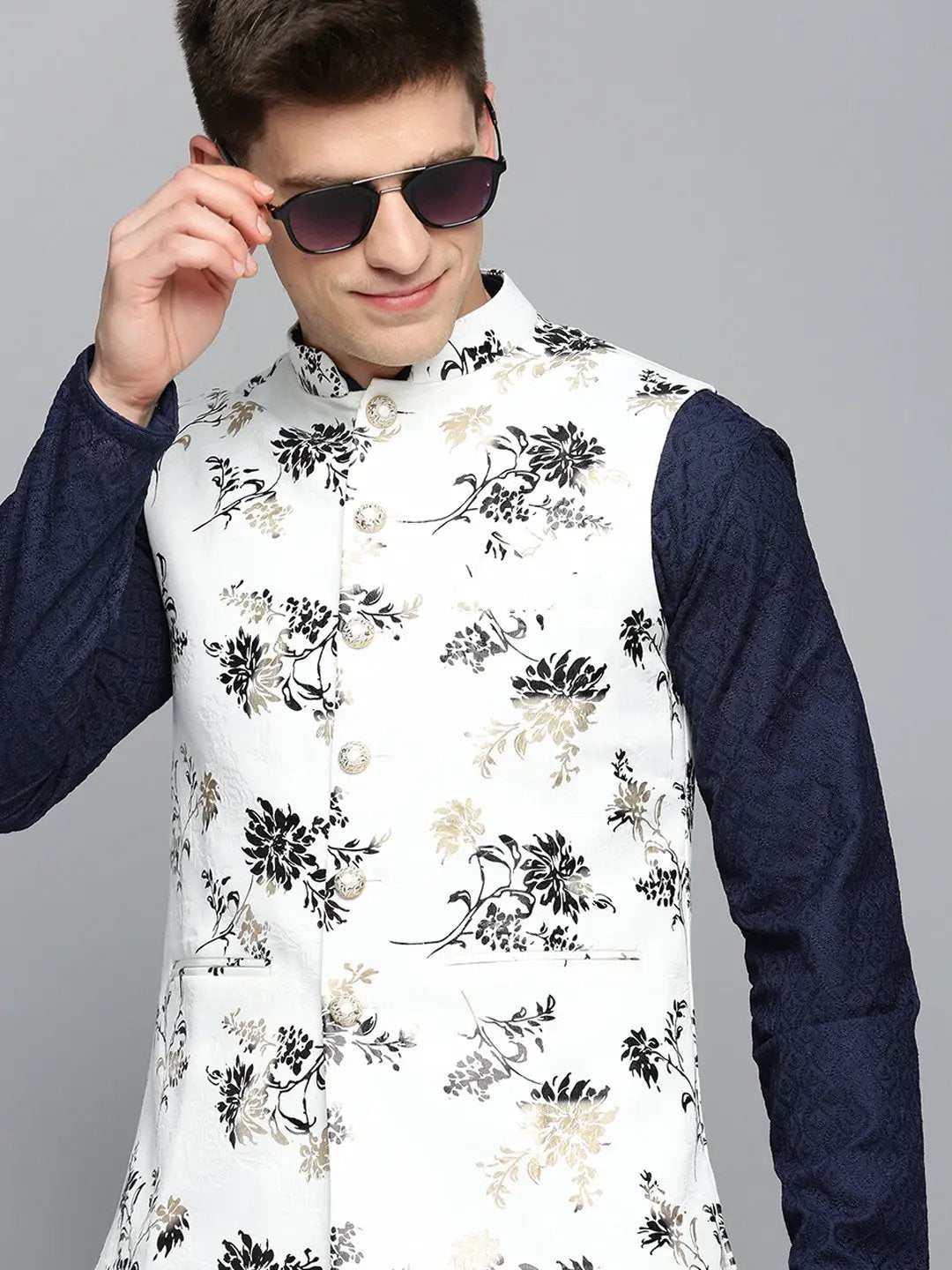 Men's Mandarin Collar Printed White Nehru Jacket
