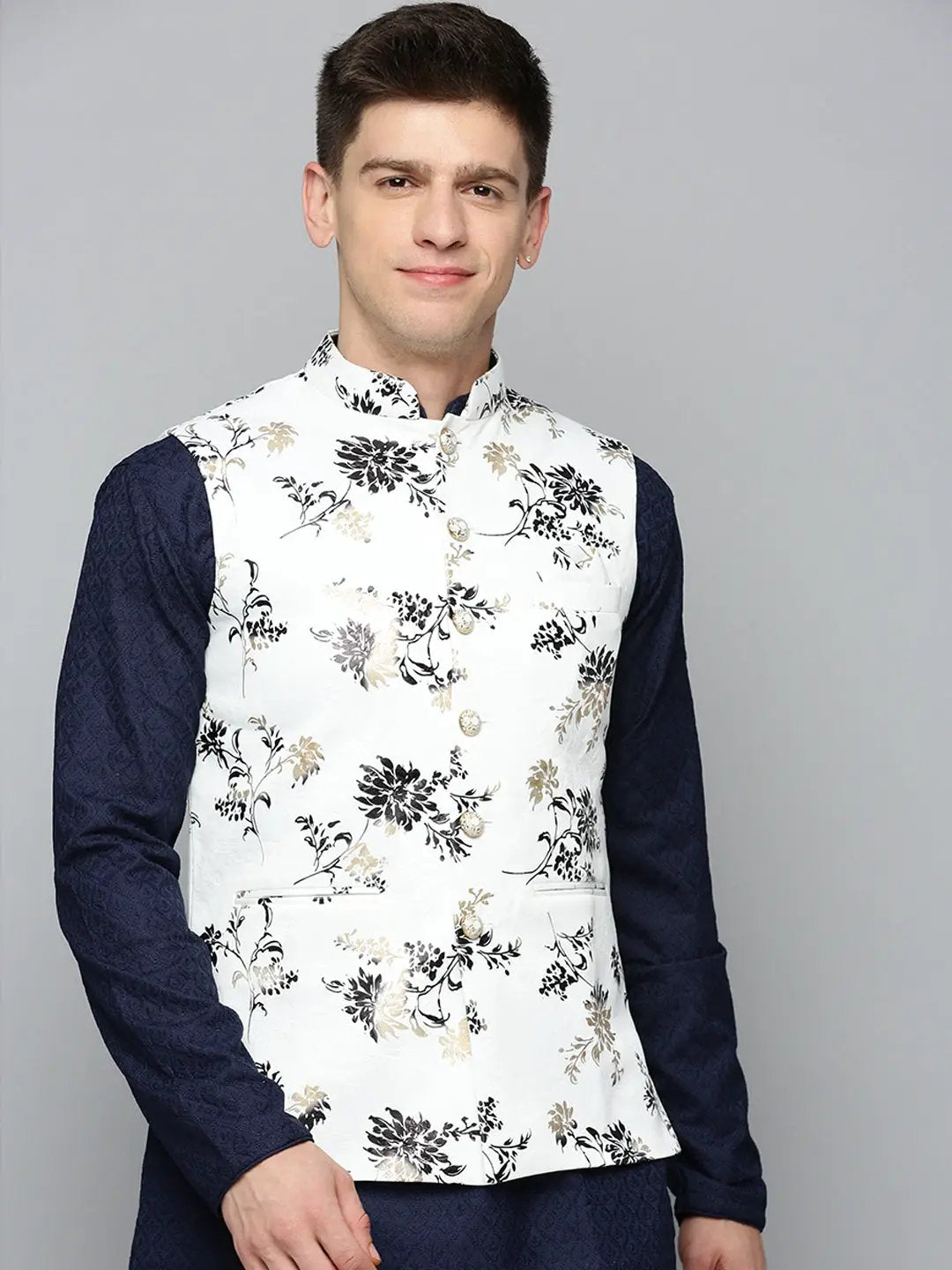 Men's Mandarin Collar Printed White Nehru Jacket
