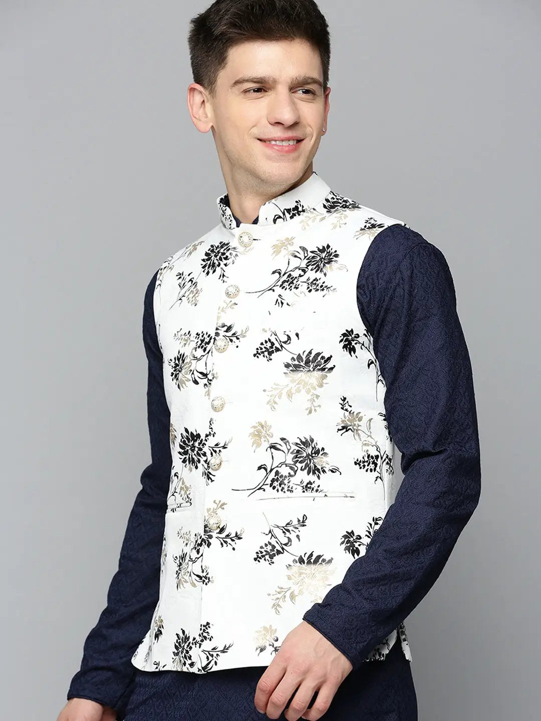 Men's Mandarin Collar Printed White Nehru Jacket