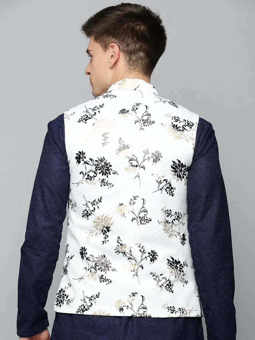 Men's Mandarin Collar Printed White Nehru Jacket