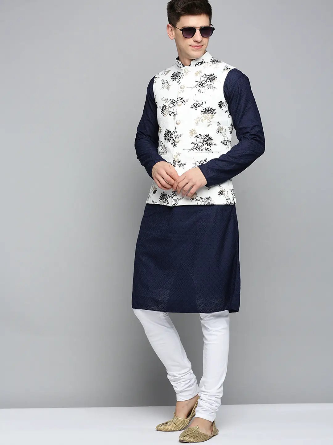 Men's Mandarin Collar Printed White Nehru Jacket
