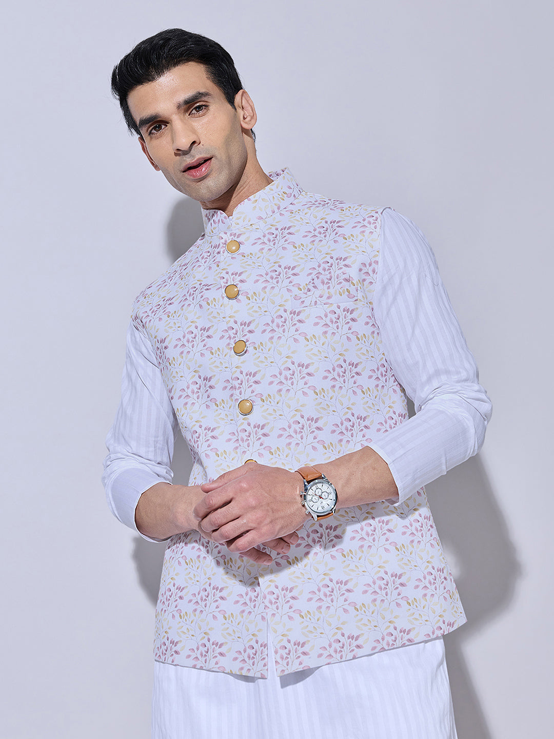 Men's Floral Printed Cream Pink Nehru Jacket