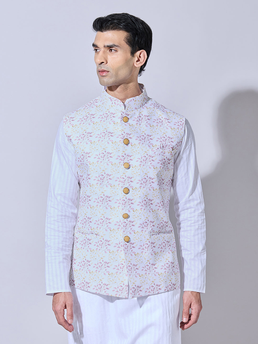 Men's Floral Printed Cream Pink Nehru Jacket