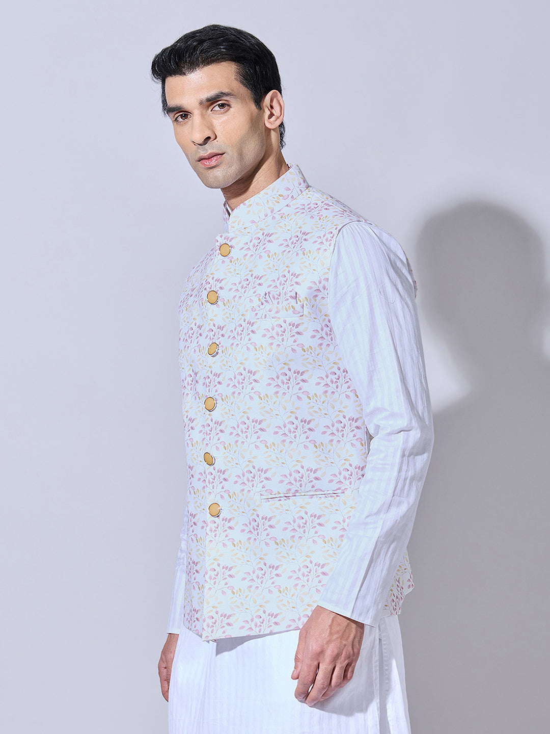 Men's Floral Printed Cream Pink Nehru Jacket