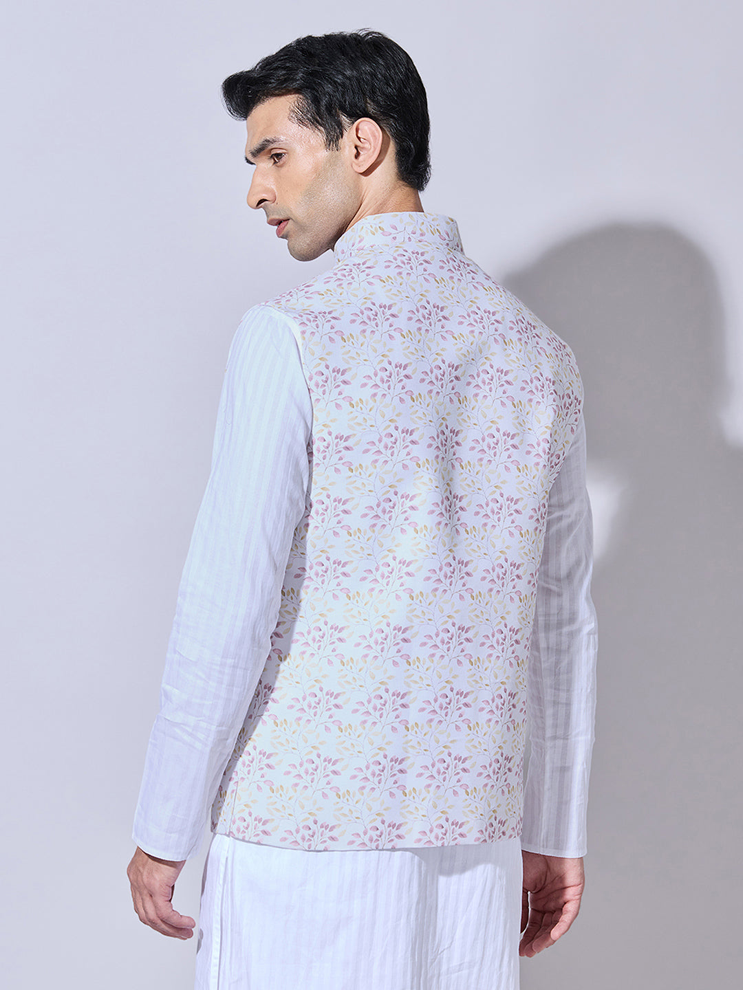 Men's Floral Printed Cream Pink Nehru Jacket