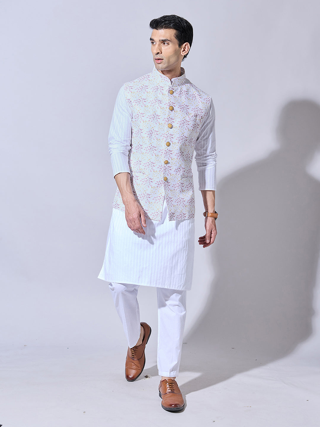 Men's Floral Printed Cream Pink Nehru Jacket