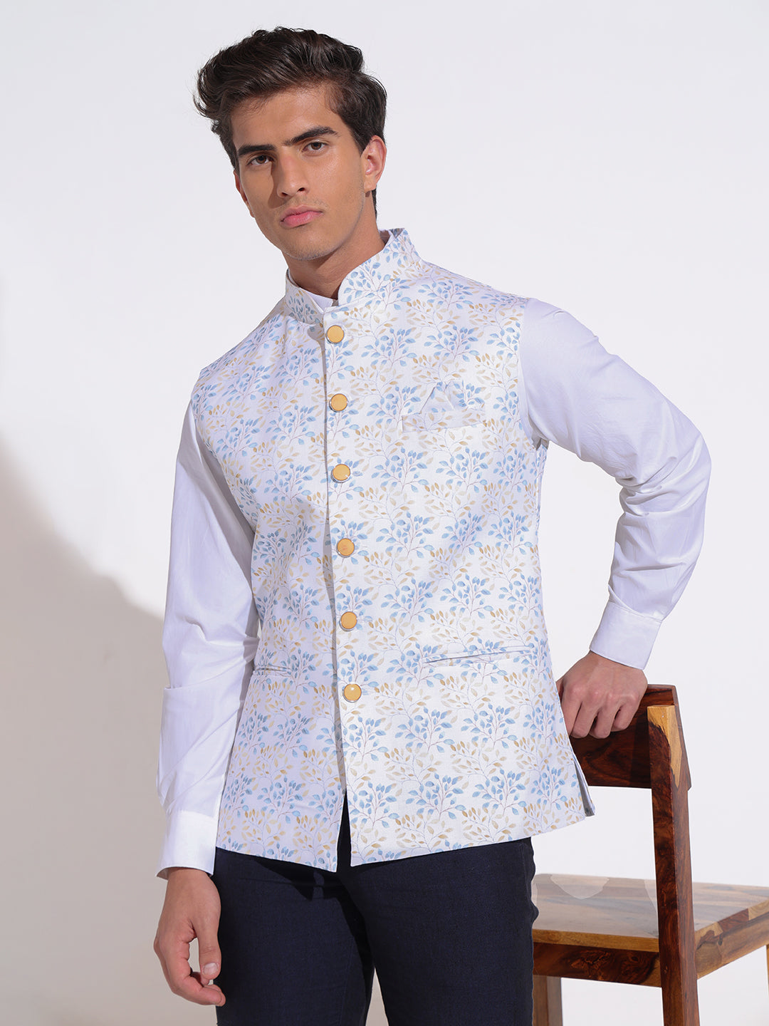 Men's Floral Printed Cream Blue Nehru Jacket