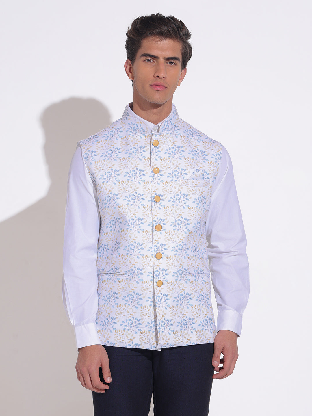 Men's Floral Printed Cream Blue Nehru Jacket