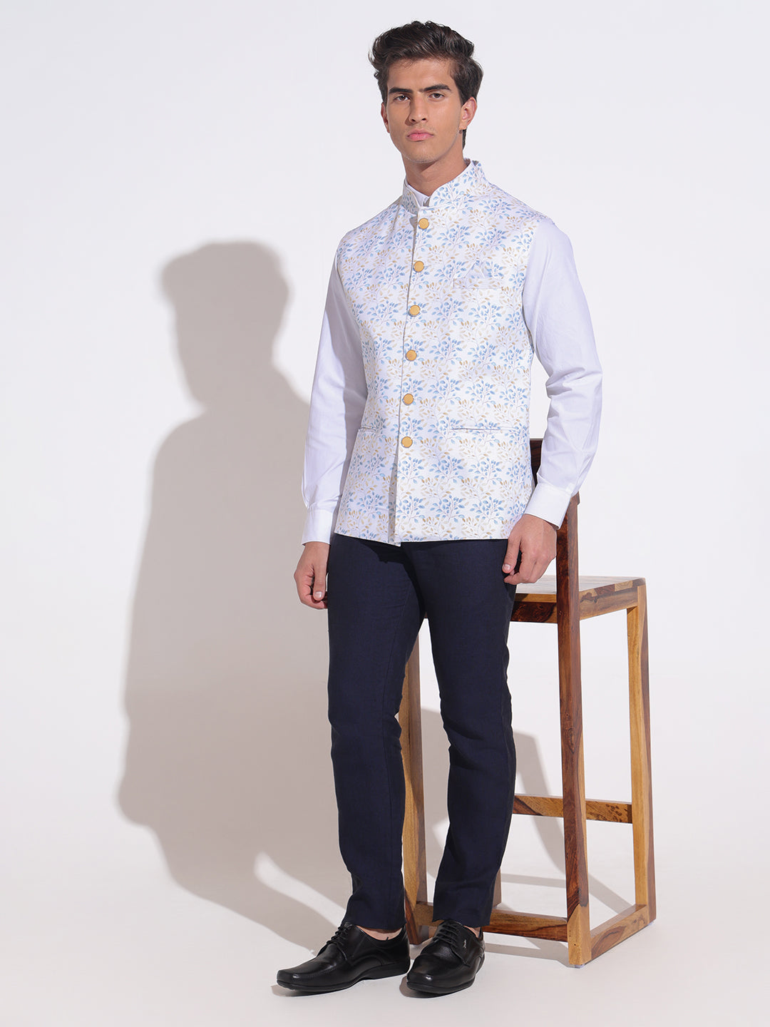 Men's Floral Printed Cream Blue Nehru Jacket