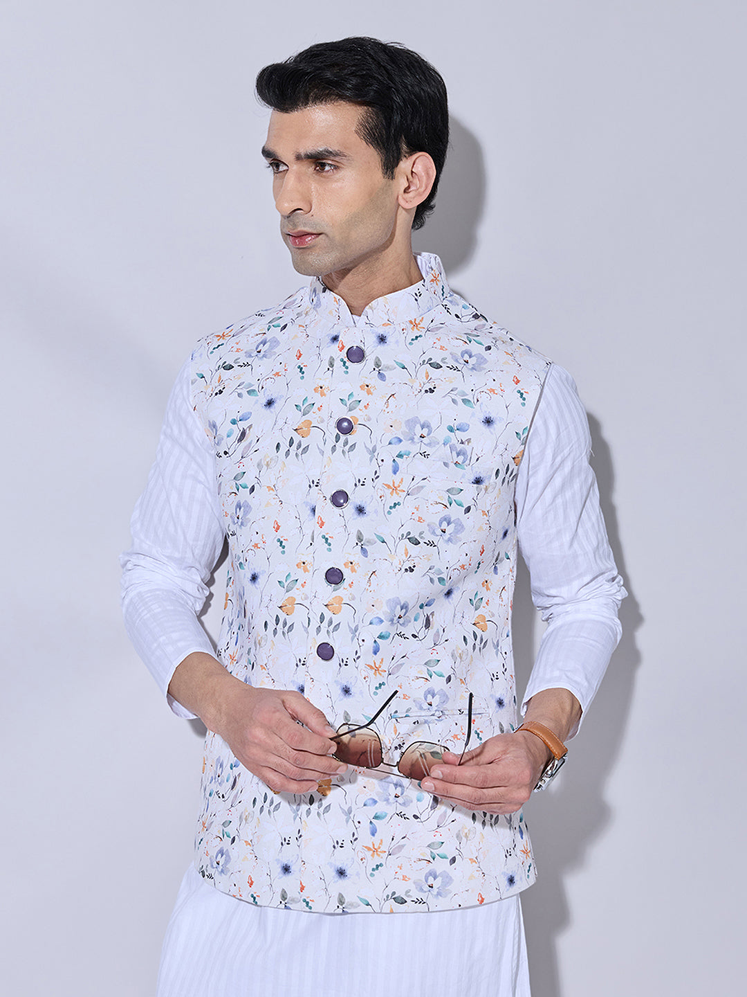 Men's Floral Printed Cream Nehru Jacket