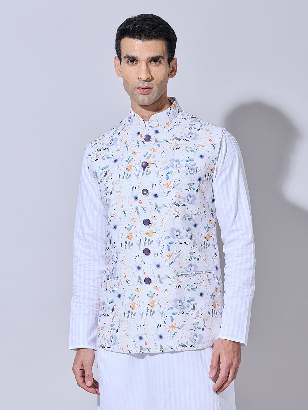 Men's Floral Printed Cream Nehru Jacket