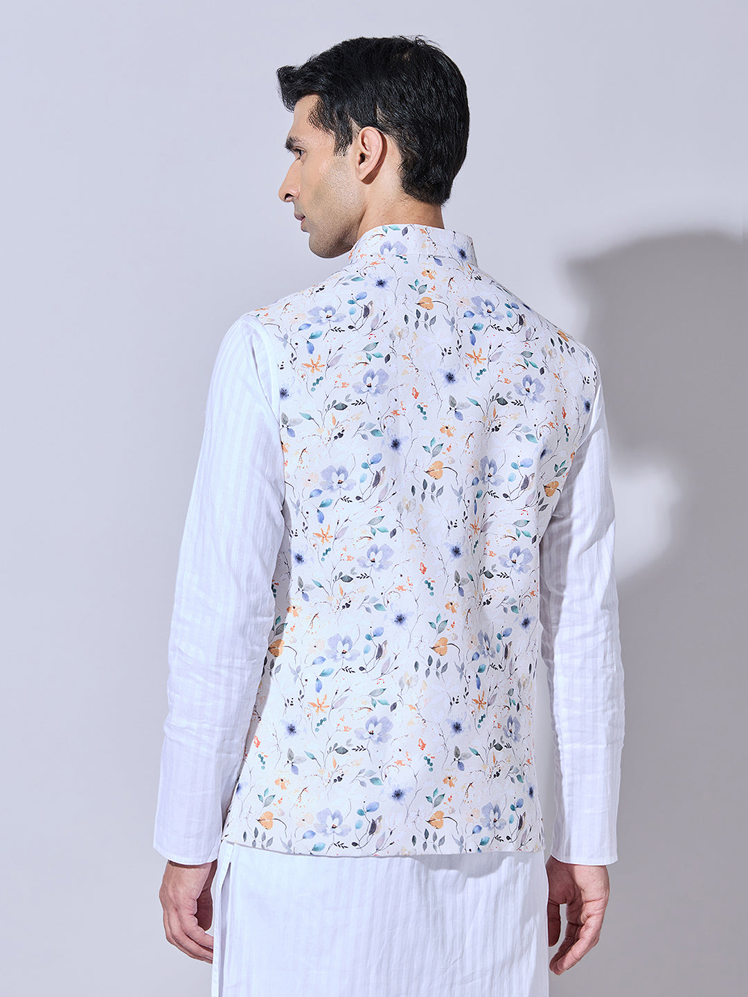 Men's Floral Printed Cream Nehru Jacket