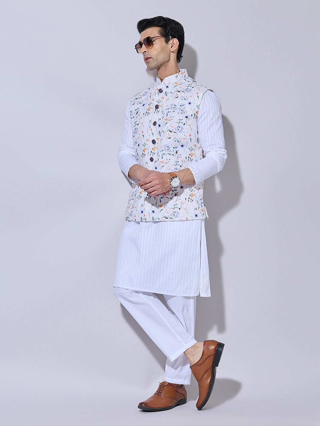 Men's Floral Printed Cream Nehru Jacket
