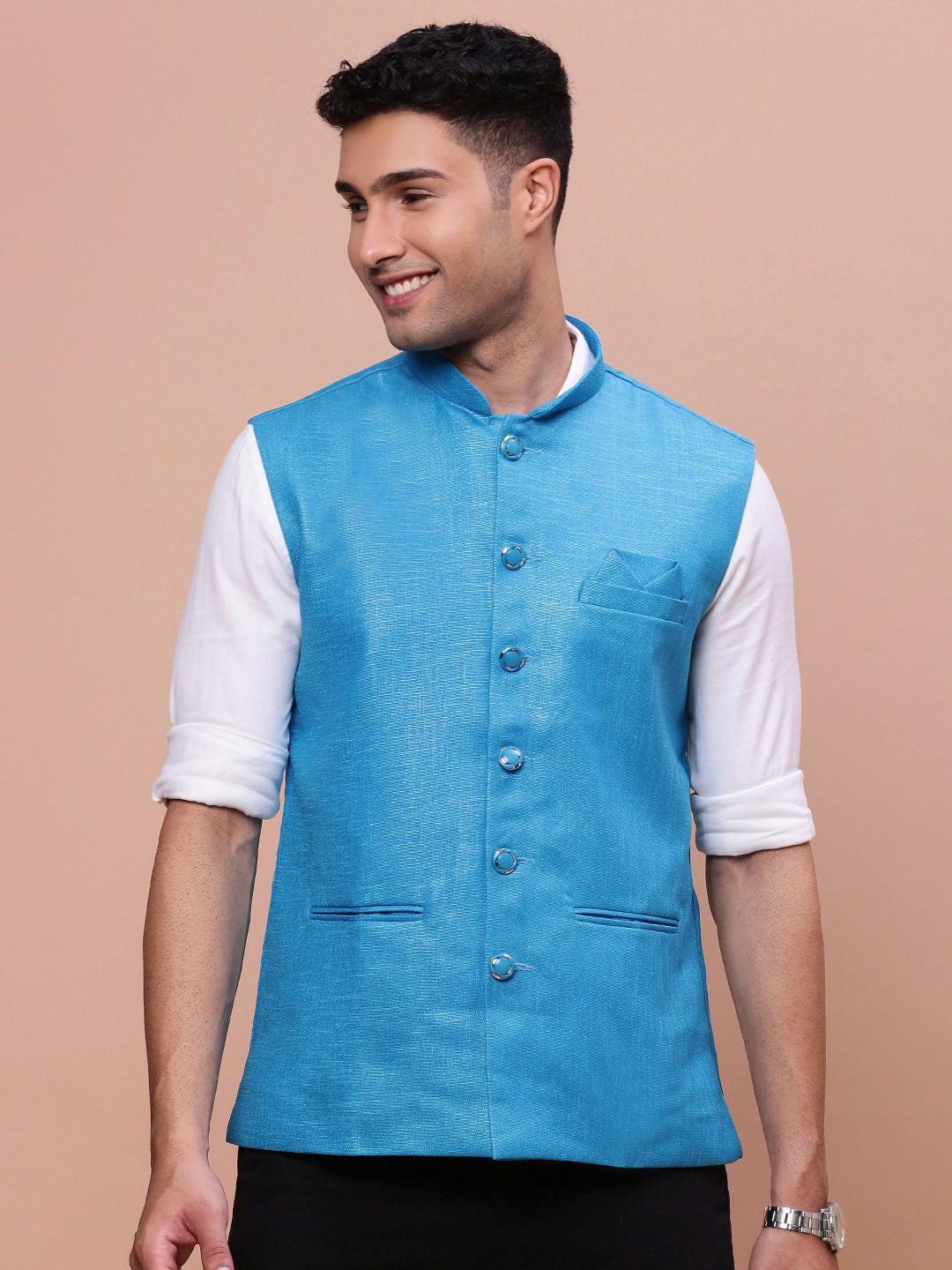 Men Solid Blue Slim Fit Nehru Jacket